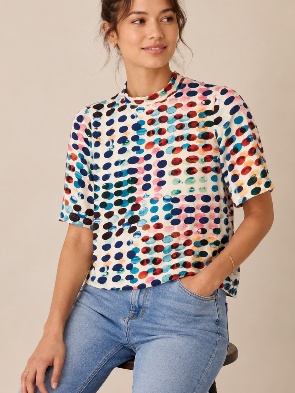 Maeve Anthropologie Abstract Polka Dot Mock Neck Colorful Print Blouse size XS